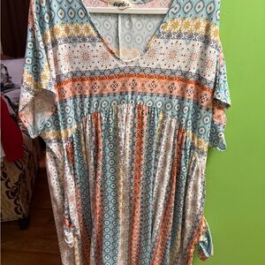 Haptics Blue & Orange Printed Midi Dress with V-Neck